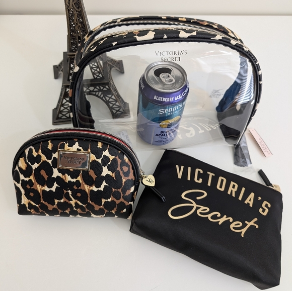 NWT VICTORIA'S SECRET 3-PC Set Leopard Black Travel Cosmetic Bag Makeup Pouch XL - Picture 2 of 16